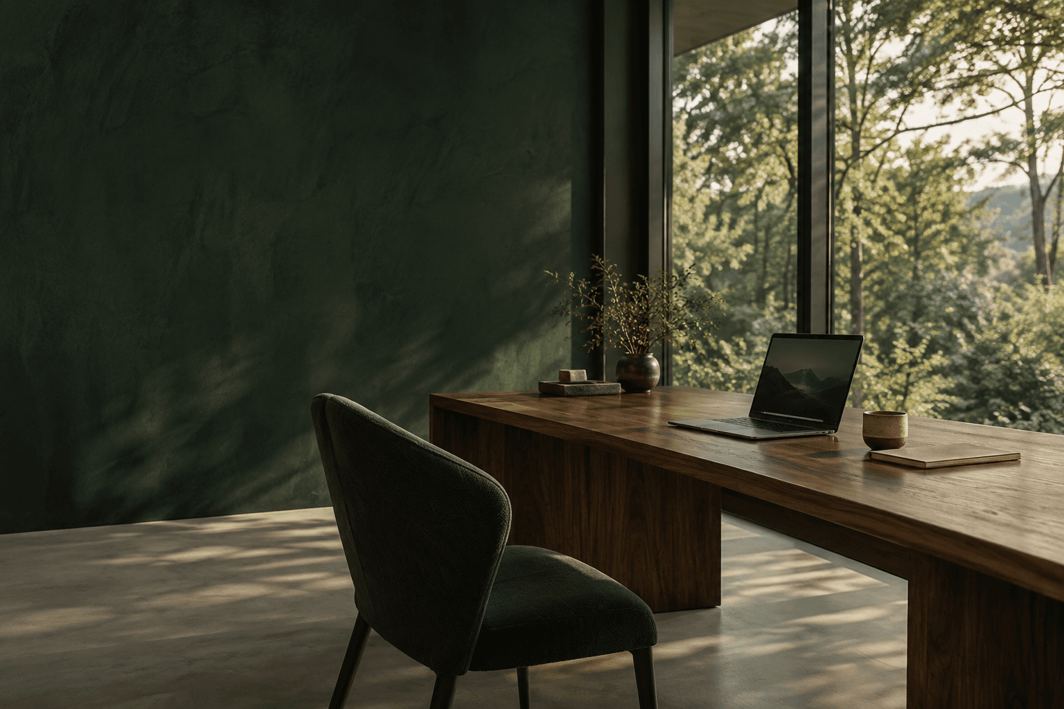 Illustrative software workspace with natural light and a forest-green wall